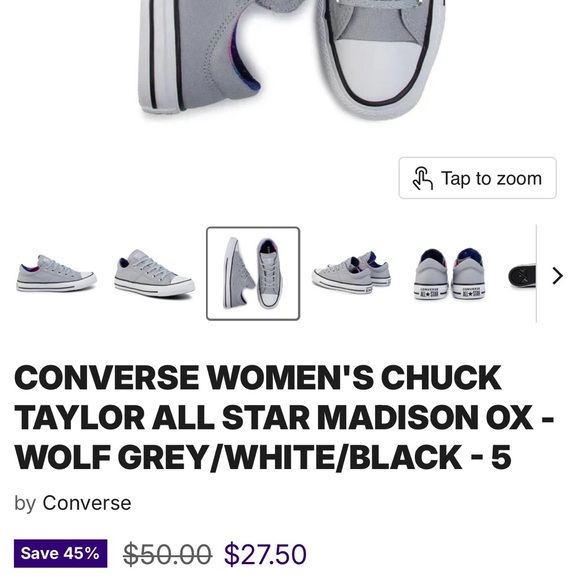 Converse Wolf Grey Low Top Sneakers with White and Black Accents - Picture 2 of 5